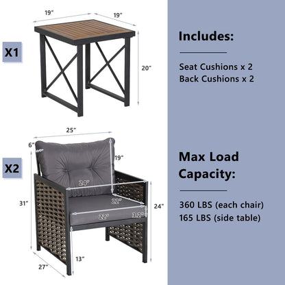 3 Piece Patio Rattan Furniture Set with Acacia Wood Tabletop, Gray Patio Conversation Sets   at Gallery Canada