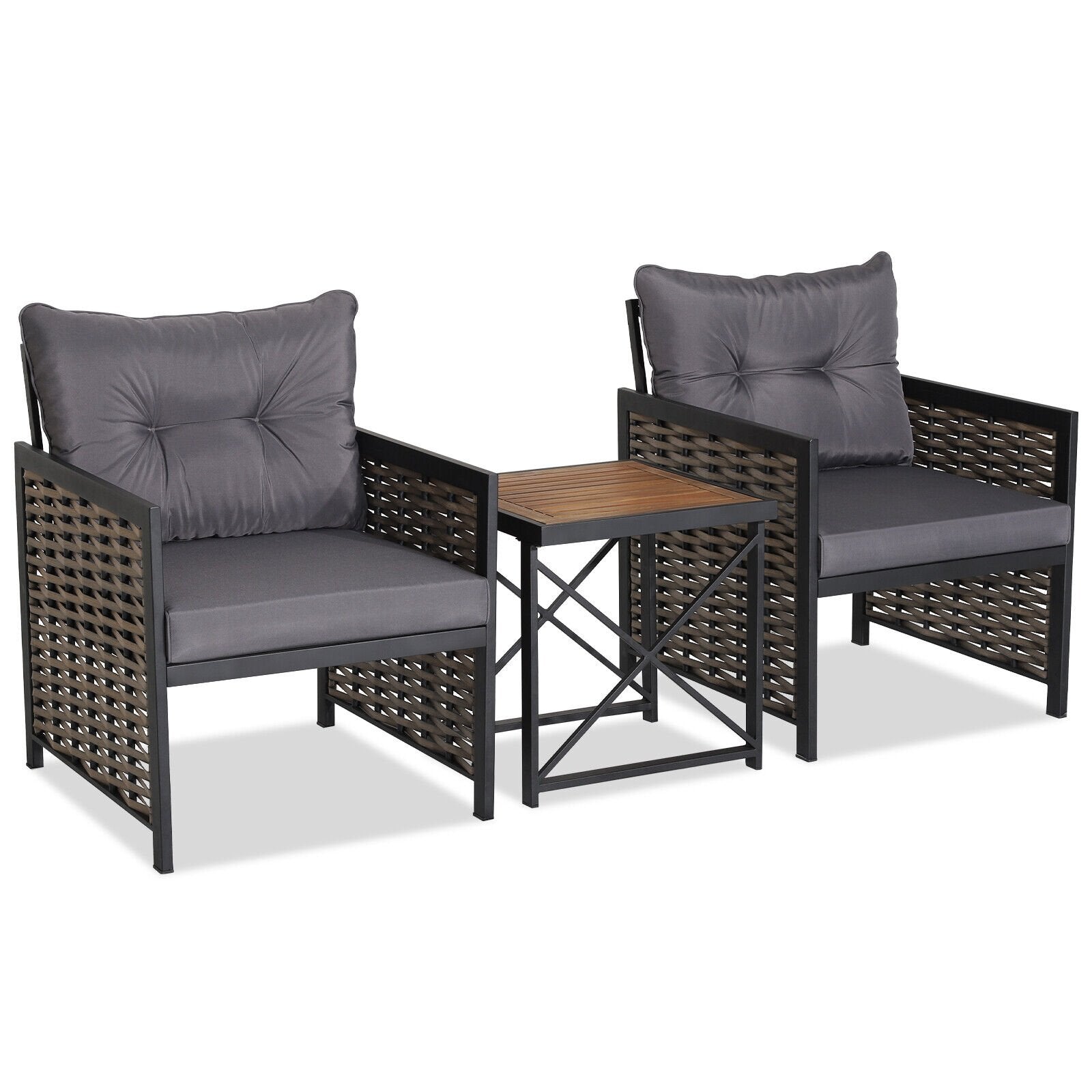 3 Piece Patio Rattan Furniture Set with Acacia Wood Tabletop, Gray Patio Conversation Sets   at Gallery Canada