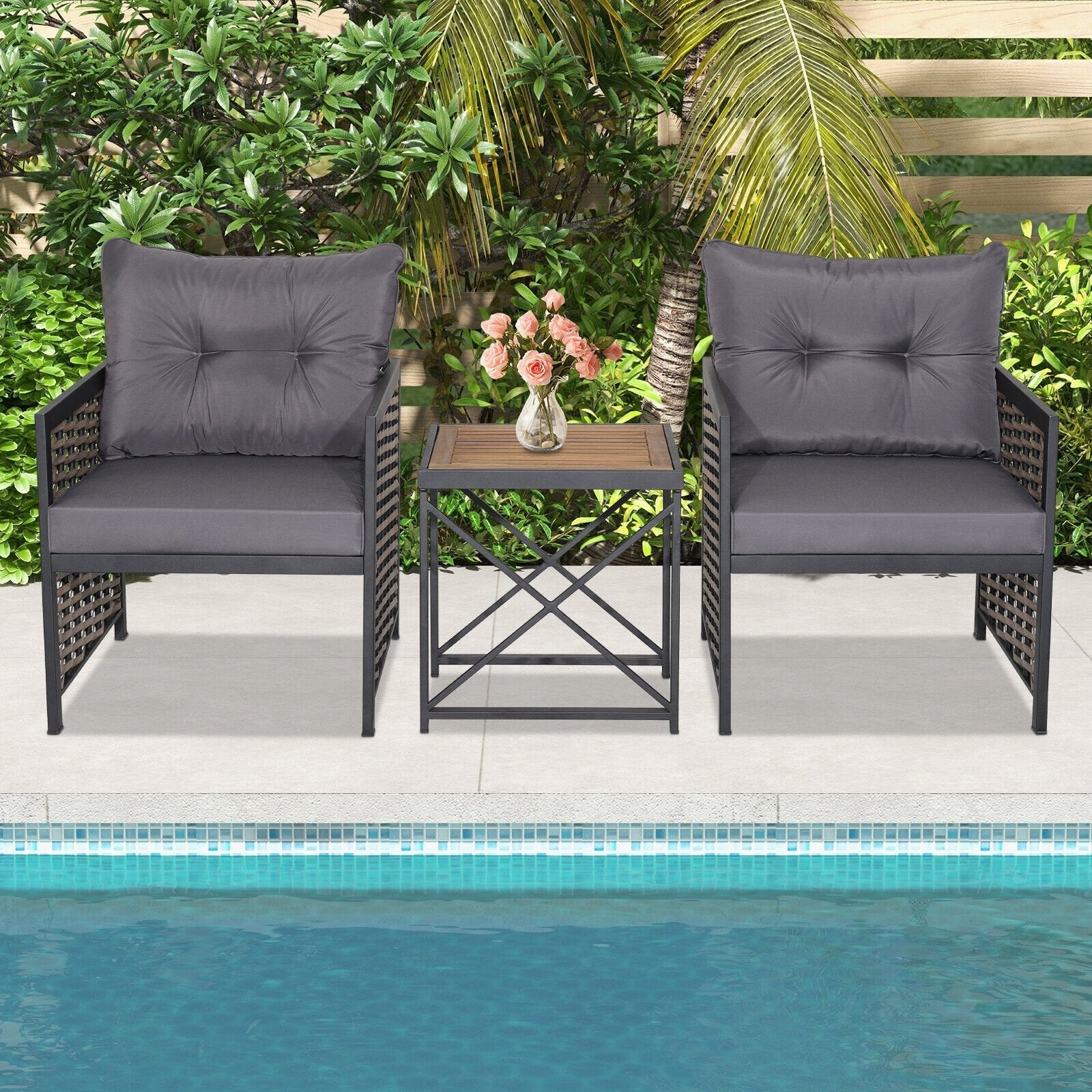 3 Piece Patio Rattan Furniture Set with Acacia Wood Tabletop, Gray Patio Conversation Sets   at Gallery Canada