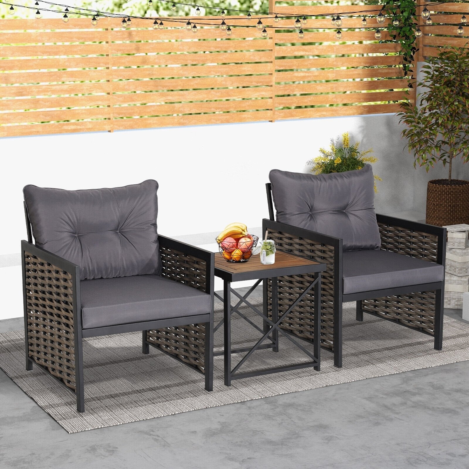 3 Piece Patio Rattan Furniture Set with Acacia Wood Tabletop, Gray Patio Conversation Sets   at Gallery Canada