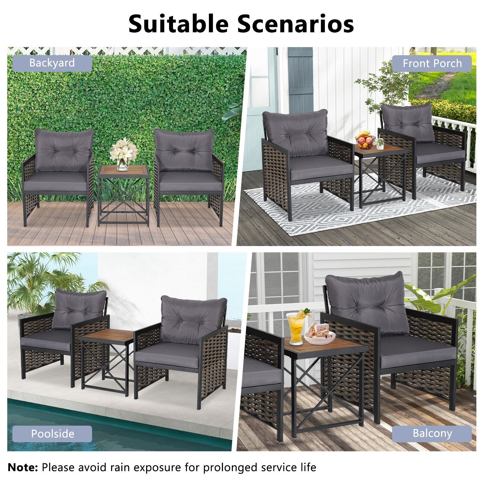 3 Piece Patio Rattan Furniture Set with Acacia Wood Tabletop, Gray Patio Conversation Sets   at Gallery Canada