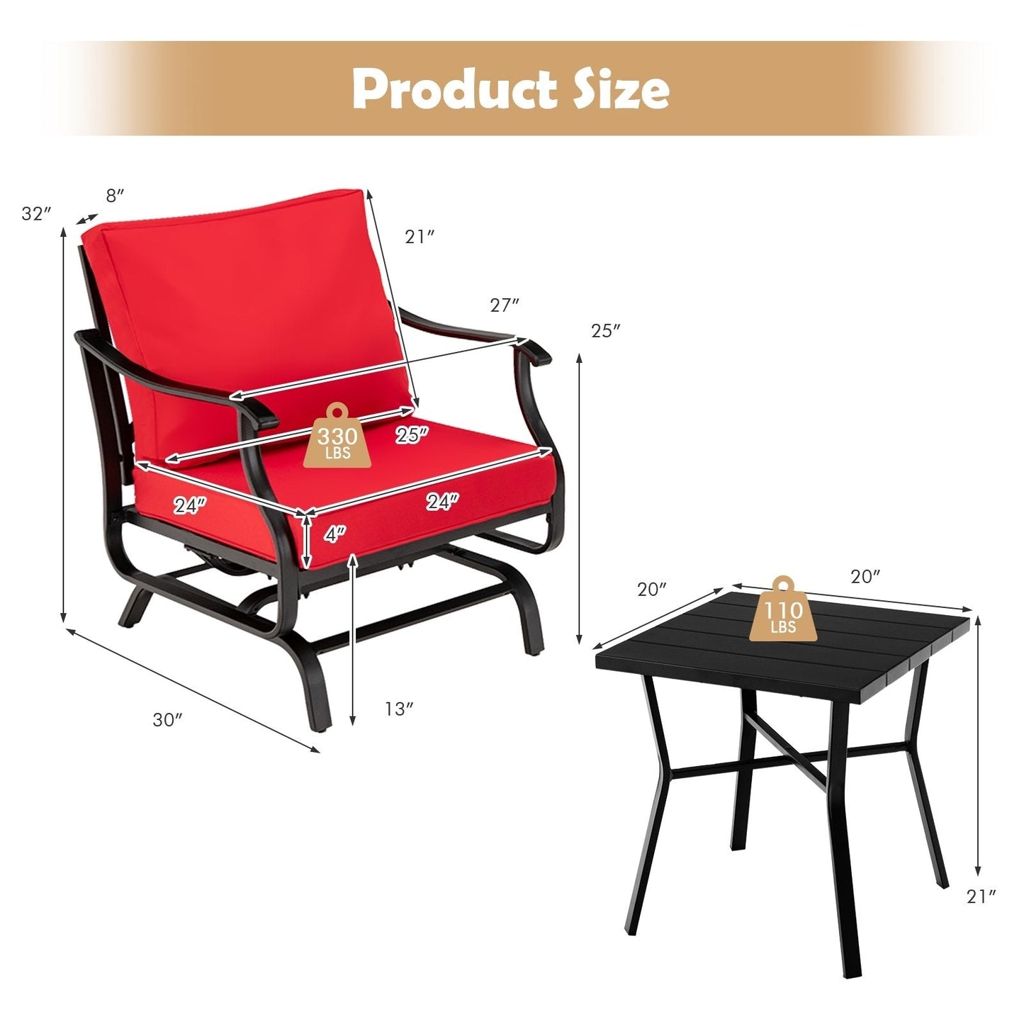 3 Piece Patio Rocking Chair Set with Coffee Table, Red Patio Conversation Sets   at Gallery Canada