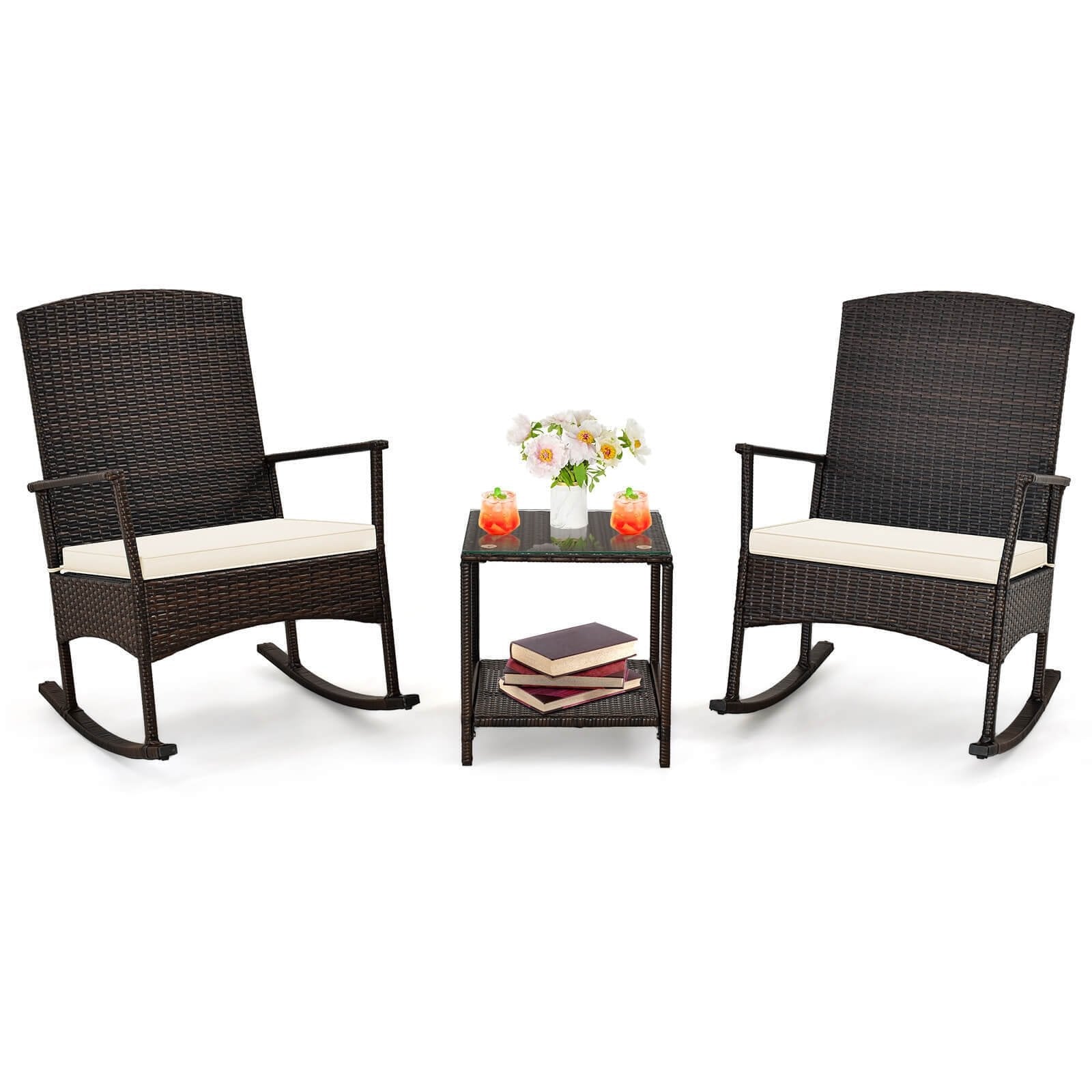 3 Piece Patio Rocking Set Wicker Rocking Chairs with 2-Tier Coffee Table, Off White Patio Conversation Sets   at Gallery Canada