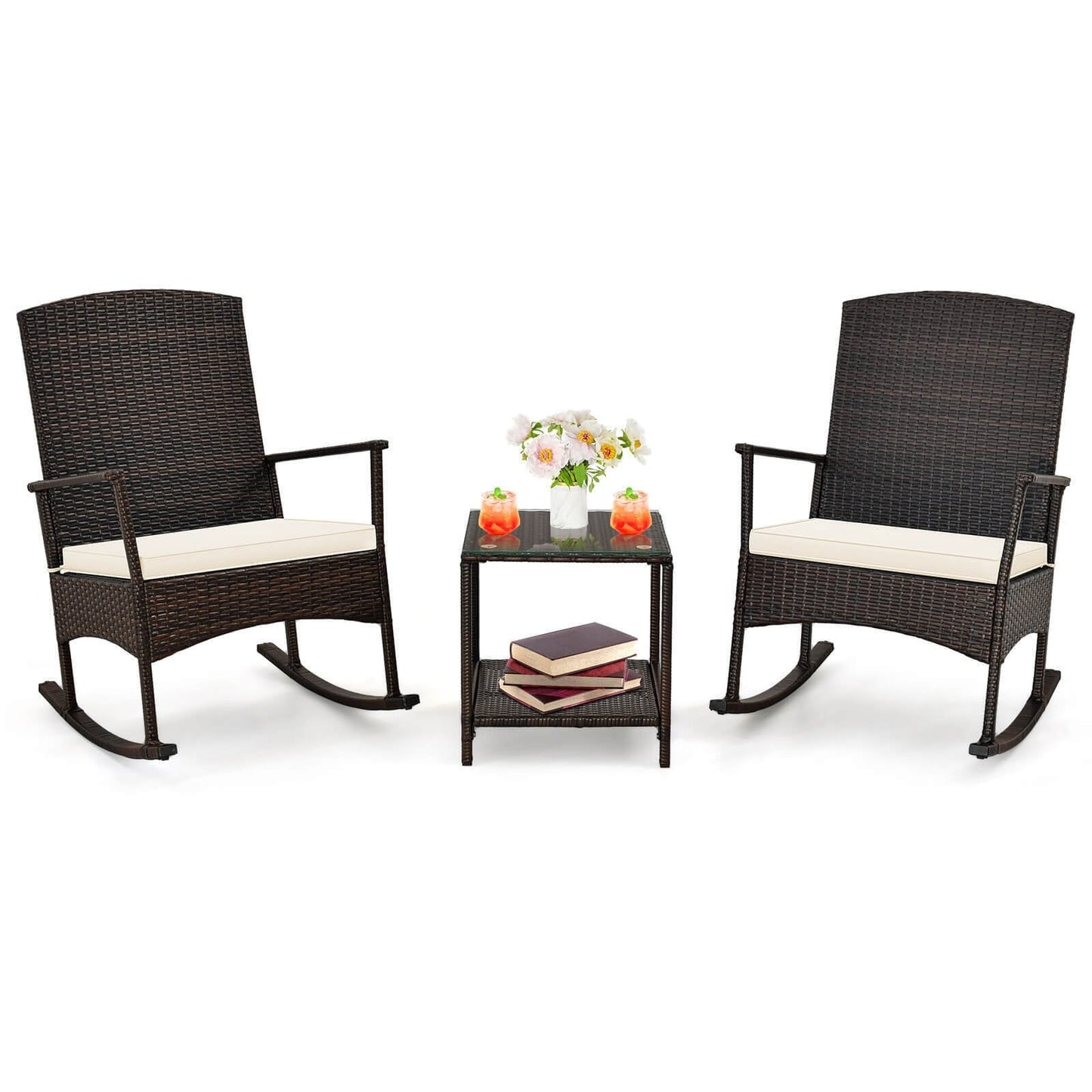 3 Piece Patio Rocking Set Wicker Rocking Chairs with 2-Tier Coffee Table, Off White Patio Conversation Sets   at Gallery Canada