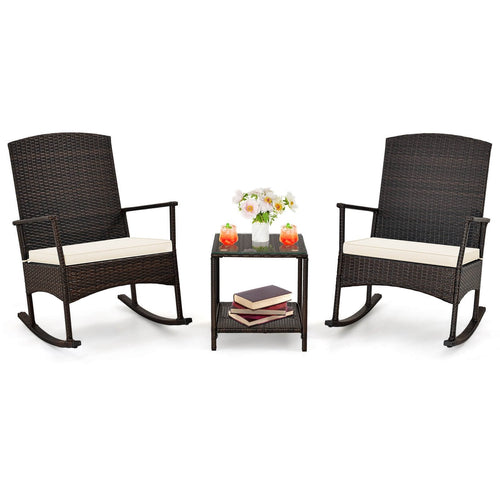 3 Piece Patio Rocking Set Wicker Rocking Chairs with 2-Tier Coffee Table, Off White