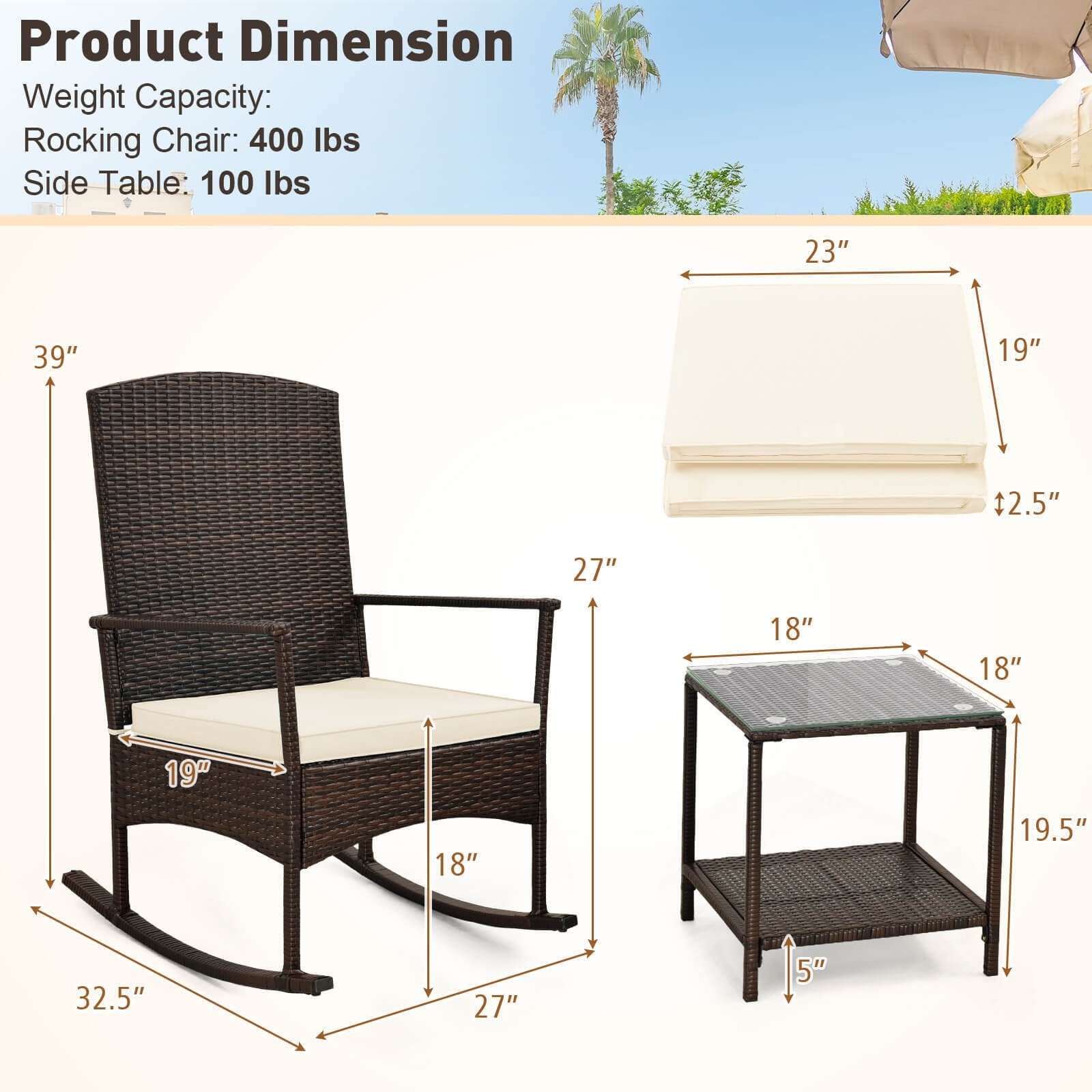 3 Piece Patio Rocking Set Wicker Rocking Chairs with 2-Tier Coffee Table, Off White Patio Conversation Sets   at Gallery Canada