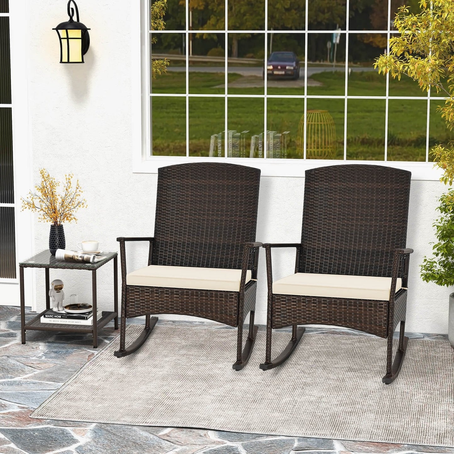 3 Piece Patio Rocking Set Wicker Rocking Chairs with 2-Tier Coffee Table, Off White Patio Conversation Sets   at Gallery Canada