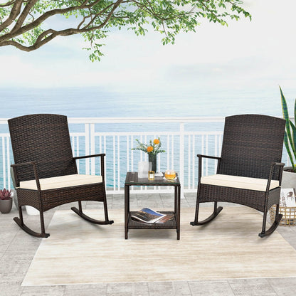 3 Piece Patio Rocking Set Wicker Rocking Chairs with 2-Tier Coffee Table, Off White Patio Conversation Sets   at Gallery Canada