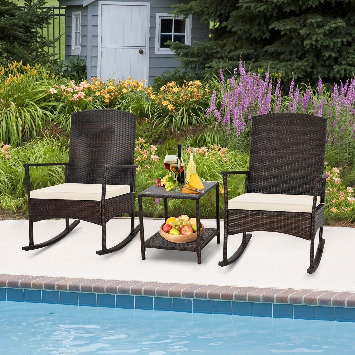 3 Piece Patio Rocking Set Wicker Rocking Chairs with 2-Tier Coffee Table, Off White Patio Conversation Sets   at Gallery Canada