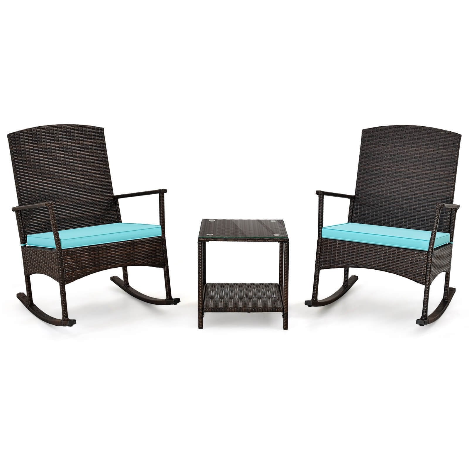 3 Piece Patio Rocking Set Wicker Rocking Chairs with 2-Tier Coffee Table, Turquoise Patio Conversation Sets   at Gallery Canada