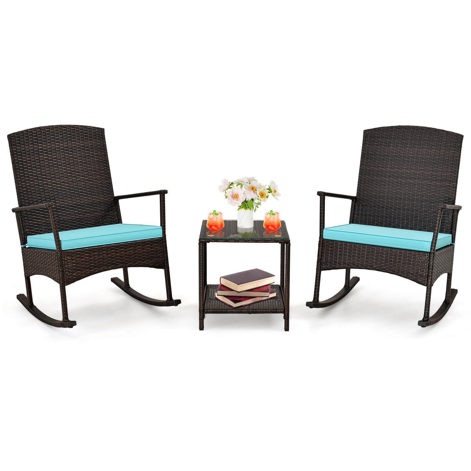 3 Piece Patio Rocking Set Wicker Rocking Chairs with 2-Tier Coffee Table, Turquoise Patio Conversation Sets   at Gallery Canada