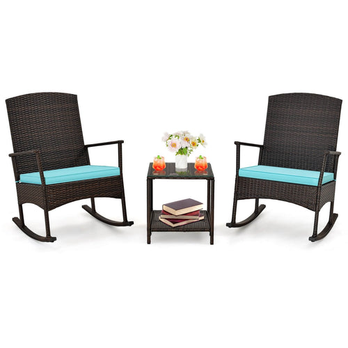 3 Piece Patio Rocking Set Wicker Rocking Chairs with 2-Tier Coffee Table, Turquoise