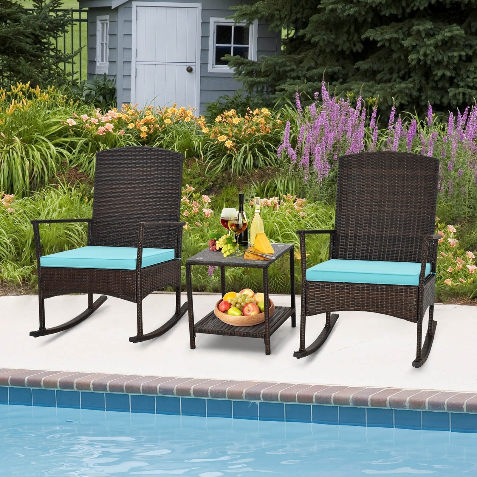 3 Piece Patio Rocking Set Wicker Rocking Chairs with 2-Tier Coffee Table, Turquoise Patio Conversation Sets   at Gallery Canada