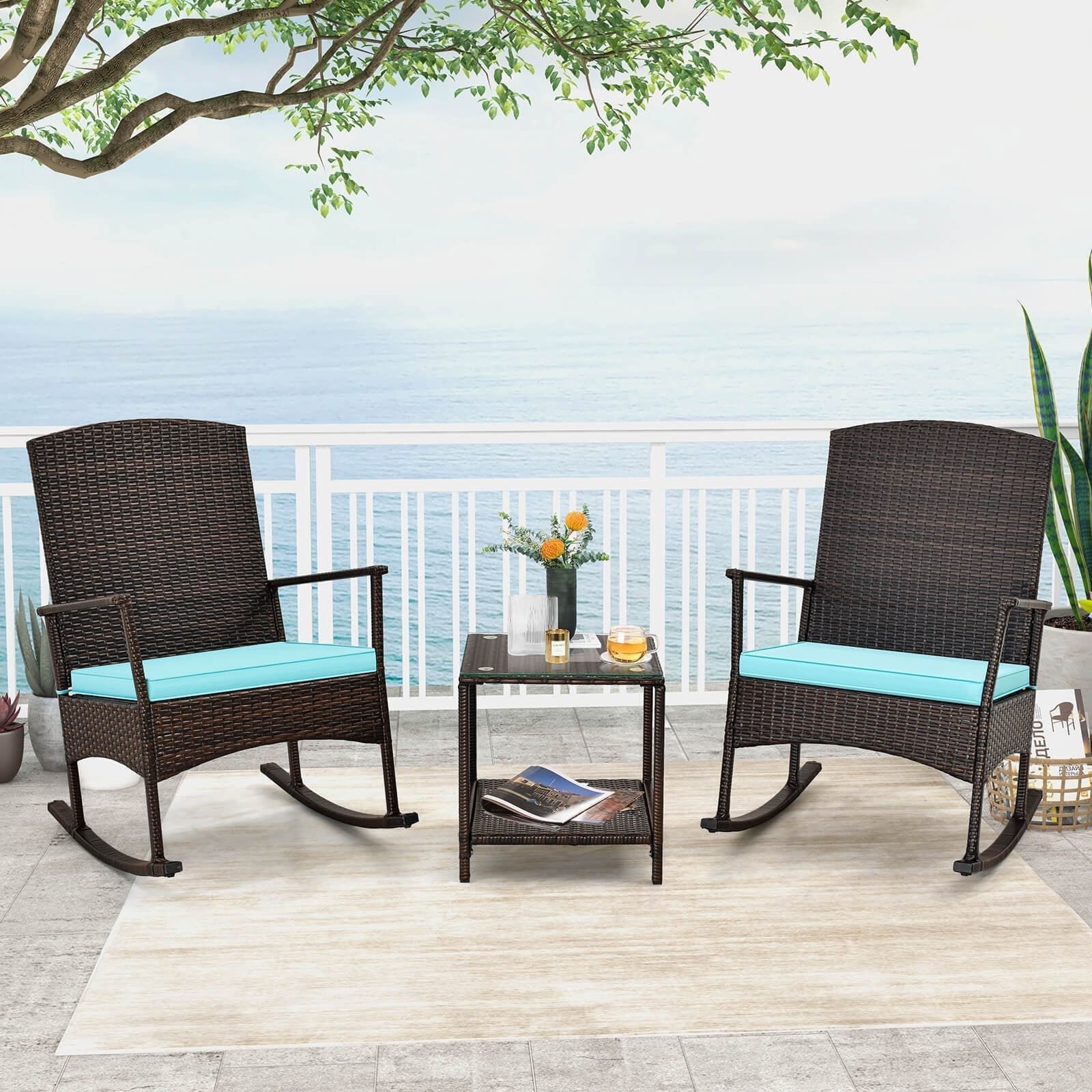 3 Piece Patio Rocking Set Wicker Rocking Chairs with 2-Tier Coffee Table, Turquoise Patio Conversation Sets   at Gallery Canada