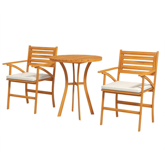 3 Piece Patio Set Small Patio Table and Chairs Wooden Outdoor Bistro Set w/ Cushions, Round Coffee Table, Brown Bistro Sets   at Gallery Canada