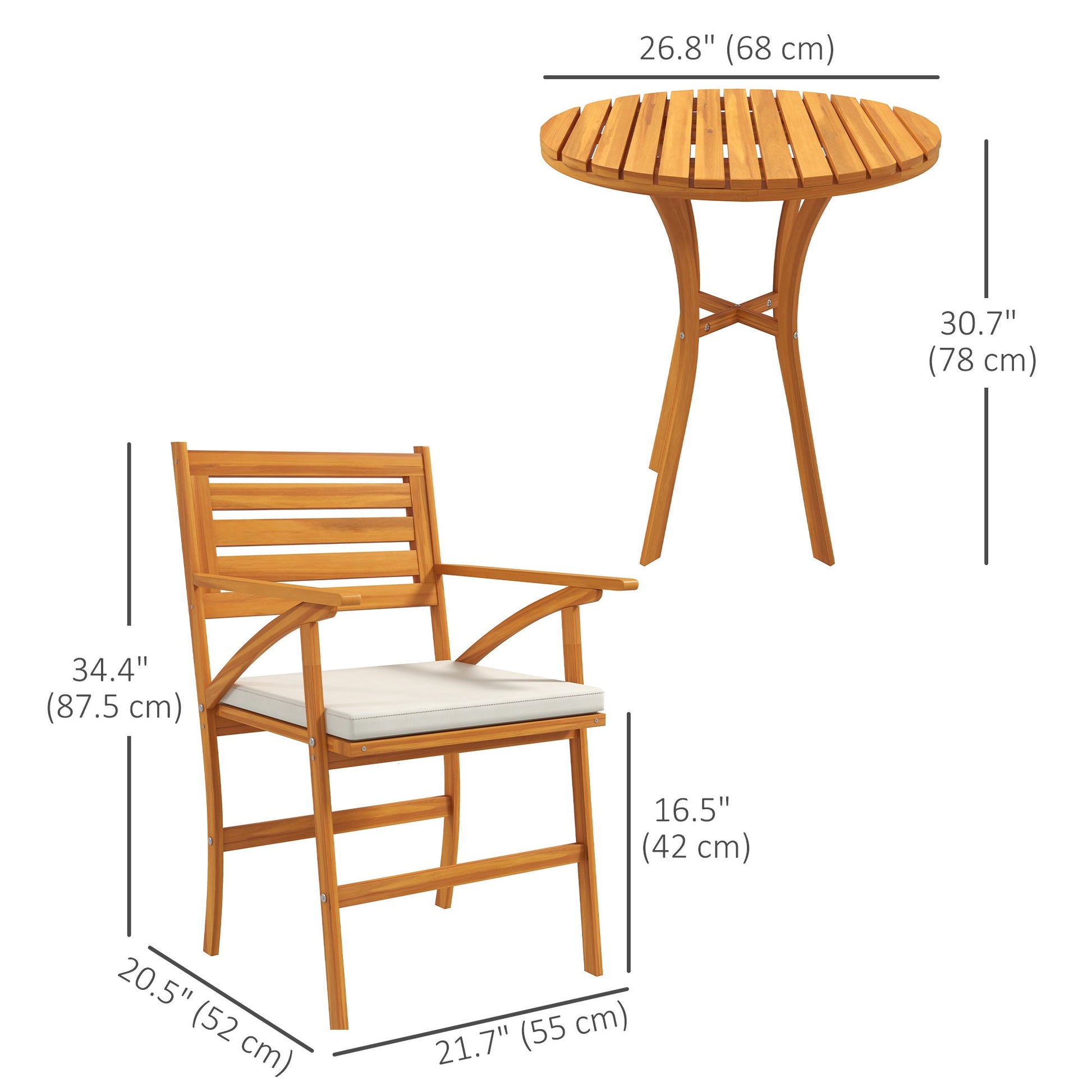 3 Piece Patio Set Small Patio Table and Chairs Wooden Outdoor Bistro Set w/ Cushions, Round Coffee Table, Brown Bistro Sets   at Gallery Canada