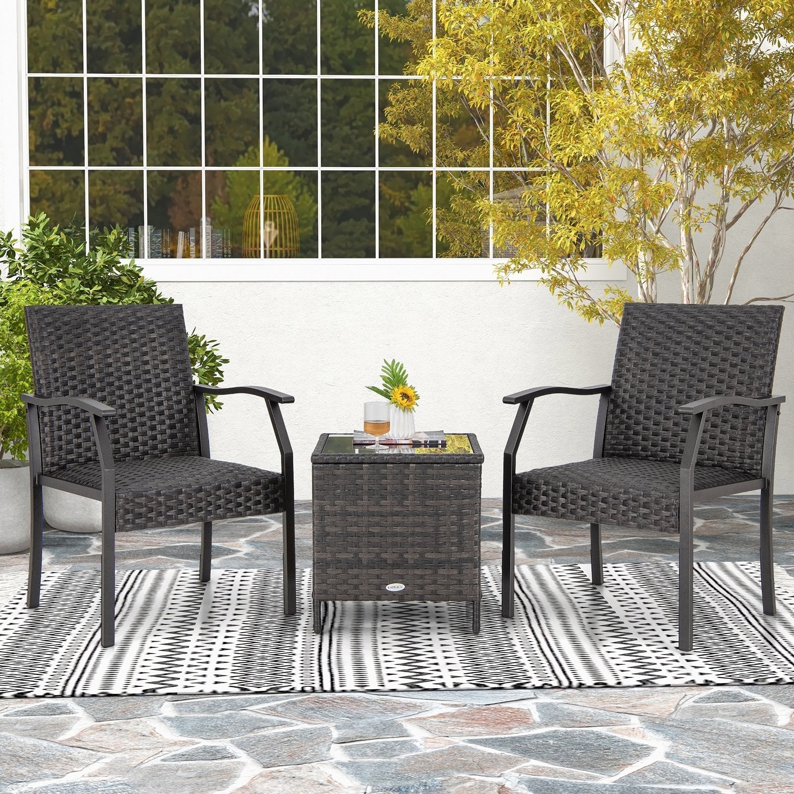 3 Piece Patio Wicker Chair Set with Quick Dry Foam Cushions, Brown Patio Conversation Sets   at Gallery Canada