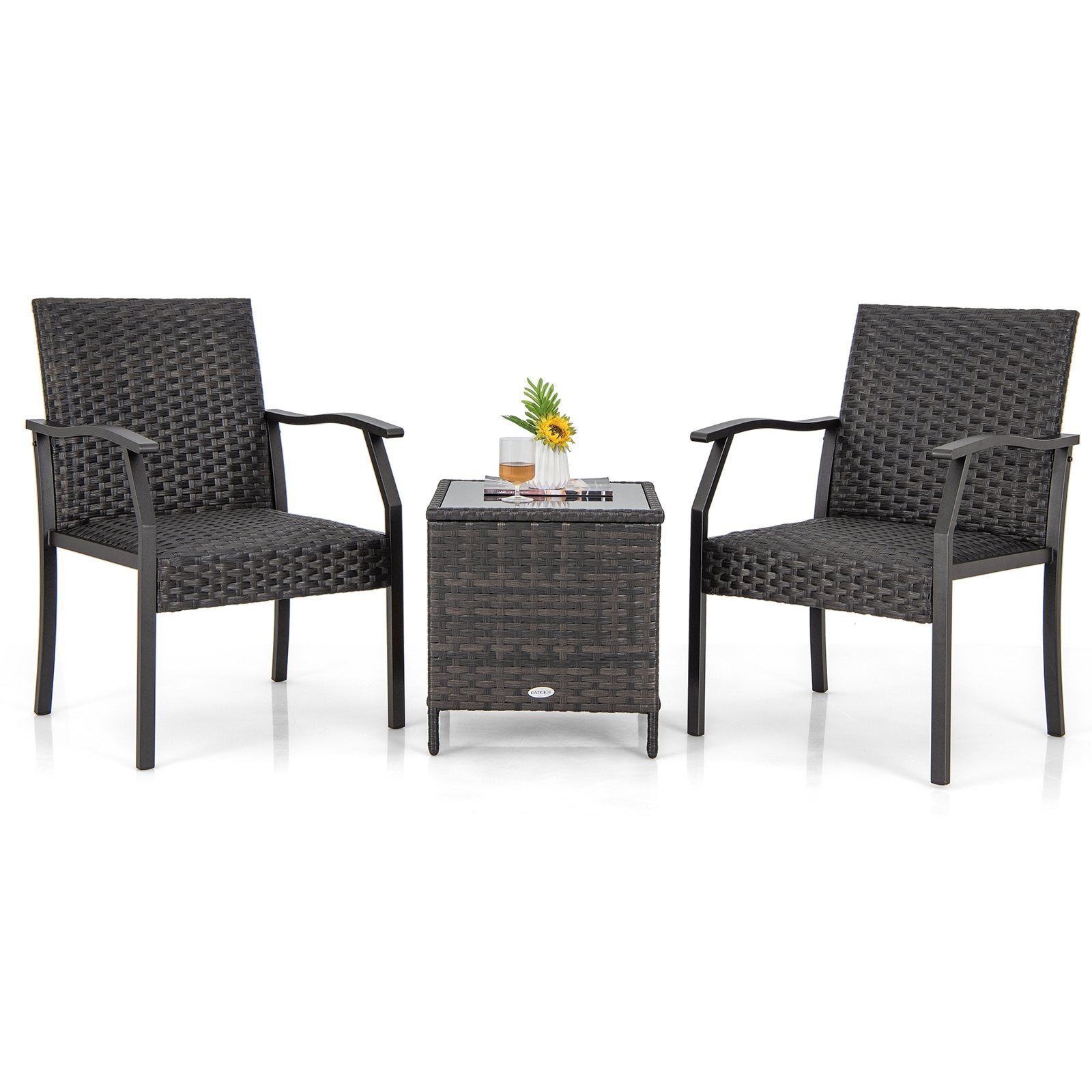 3 Piece Patio Wicker Chair Set with Quick Dry Foam Cushions, Brown Patio Conversation Sets   at Gallery Canada