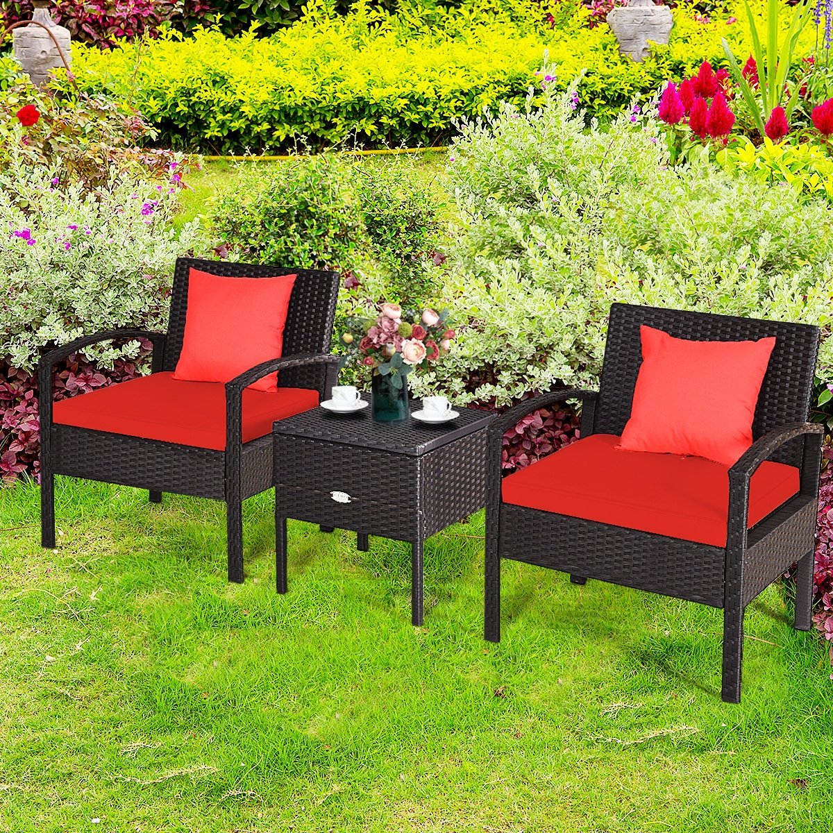 3 Piece PE Rattan Wicker Sofa Set with Washable and Removable Cushion for Patio, Red Patio Conversation Sets   at Gallery Canada