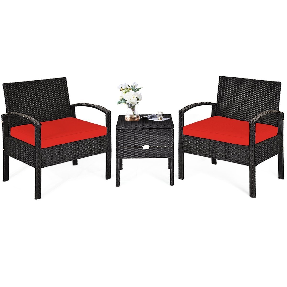 3 Piece PE Rattan Wicker Sofa Set with Washable and Removable Cushion for Patio, Red Patio Conversation Sets   at Gallery Canada