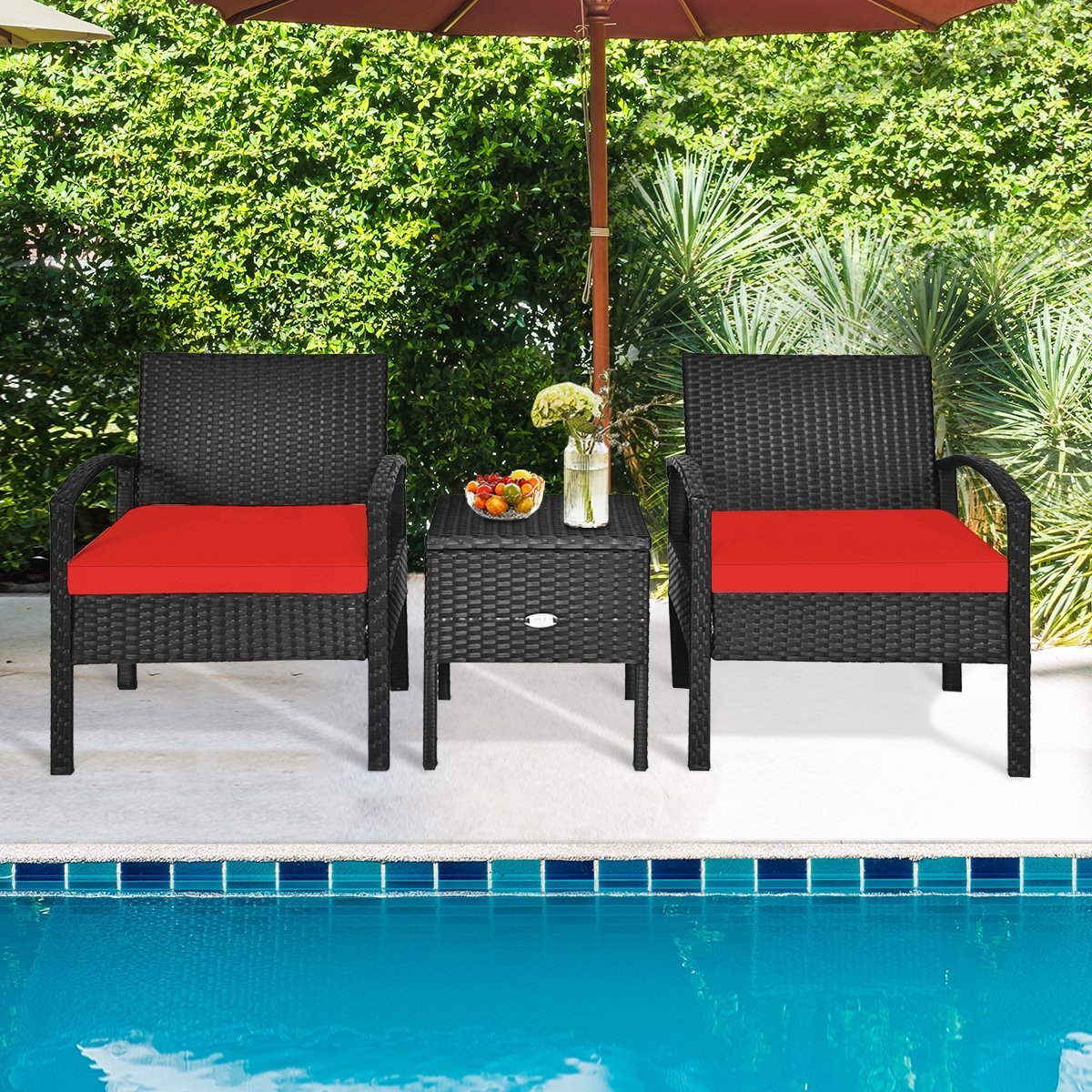 3 Piece PE Rattan Wicker Sofa Set with Washable and Removable Cushion for Patio, Red Patio Conversation Sets   at Gallery Canada