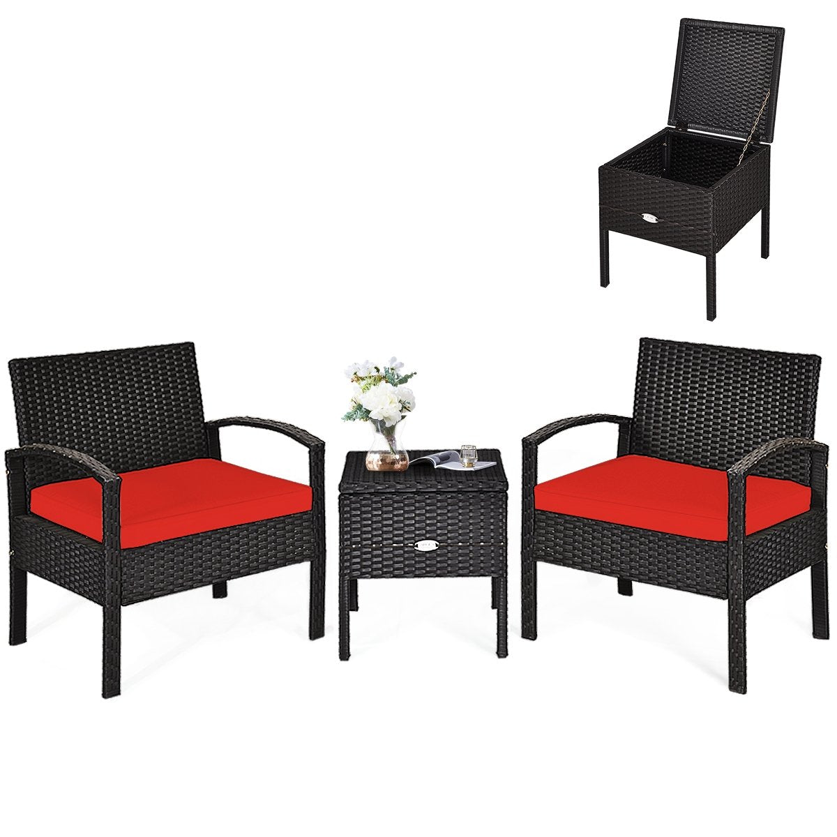 3 Piece PE Rattan Wicker Sofa Set with Washable and Removable Cushion for Patio, Red Patio Conversation Sets   at Gallery Canada