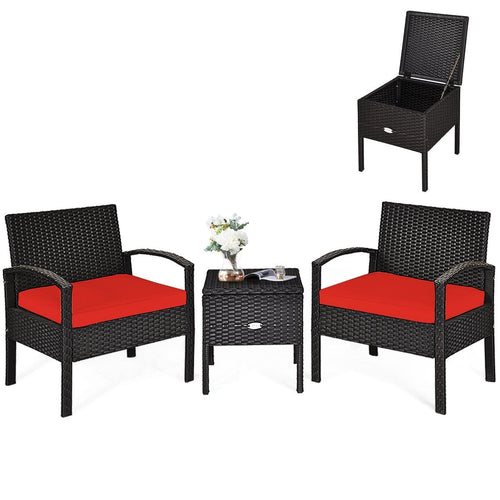 3 Piece PE Rattan Wicker Sofa Set with Washable and Removable Cushion for Patio, Red