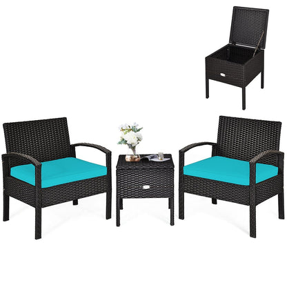 3 Piece PE Rattan Wicker Sofa Set with Washable and Removable Cushion for Patio, Turquoise Patio Conversation Sets   at Gallery Canada