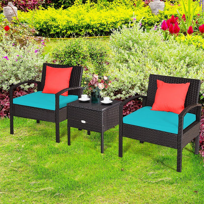 3 Piece PE Rattan Wicker Sofa Set with Washable and Removable Cushion for Patio, Turquoise Patio Conversation Sets   at Gallery Canada