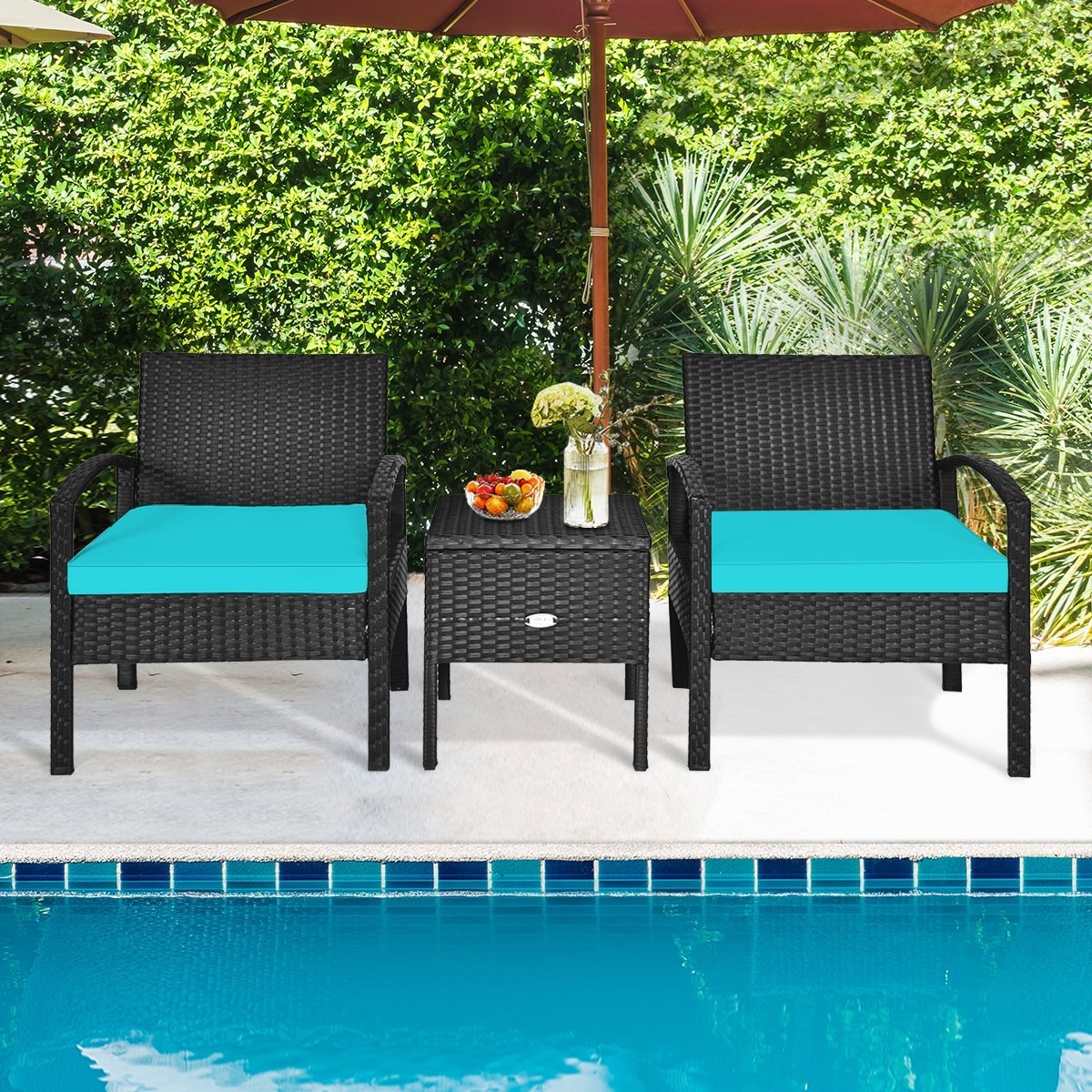 3 Piece PE Rattan Wicker Sofa Set with Washable and Removable Cushion for Patio, Turquoise Patio Conversation Sets   at Gallery Canada