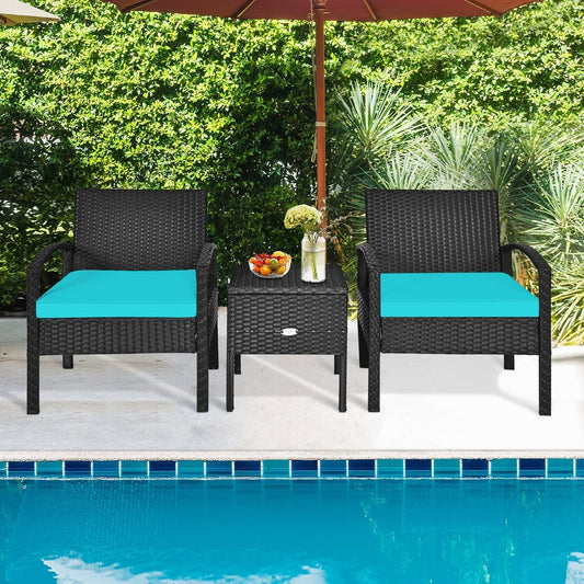 3 Piece PE Rattan Wicker Sofa Set with Washable and Removable Cushion for Patio, Turquoise Patio Conversation Sets   at Gallery Canada