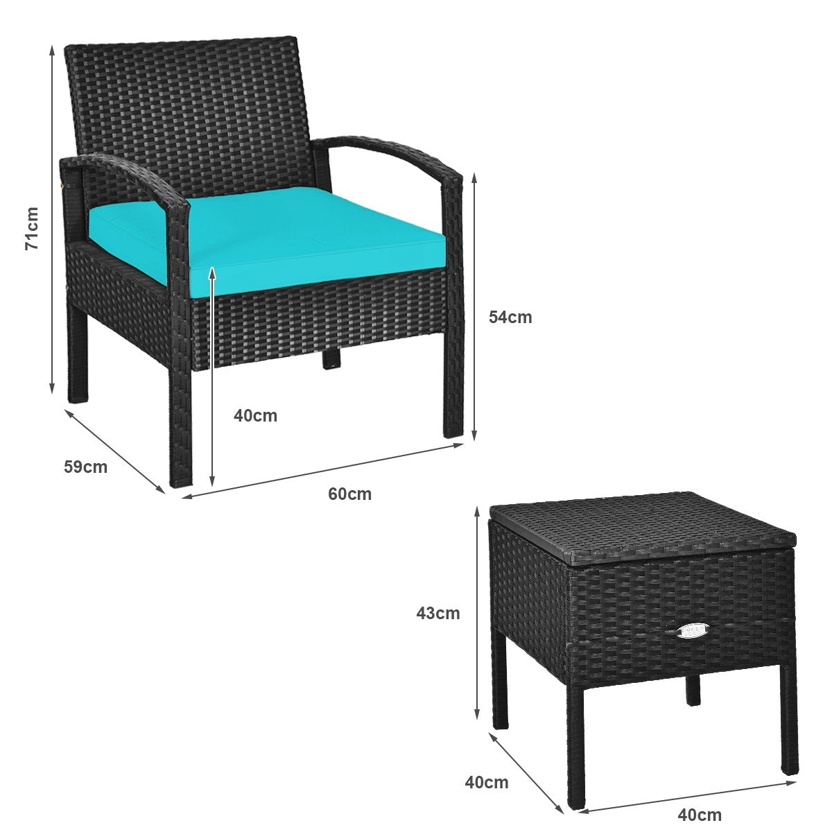 3 Piece PE Rattan Wicker Sofa Set with Washable and Removable Cushion for Patio, Turquoise Patio Conversation Sets   at Gallery Canada