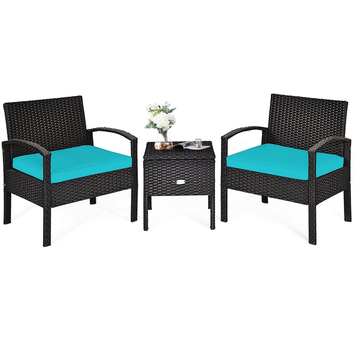 3 Piece PE Rattan Wicker Sofa Set with Washable and Removable Cushion for Patio, Turquoise Patio Conversation Sets   at Gallery Canada