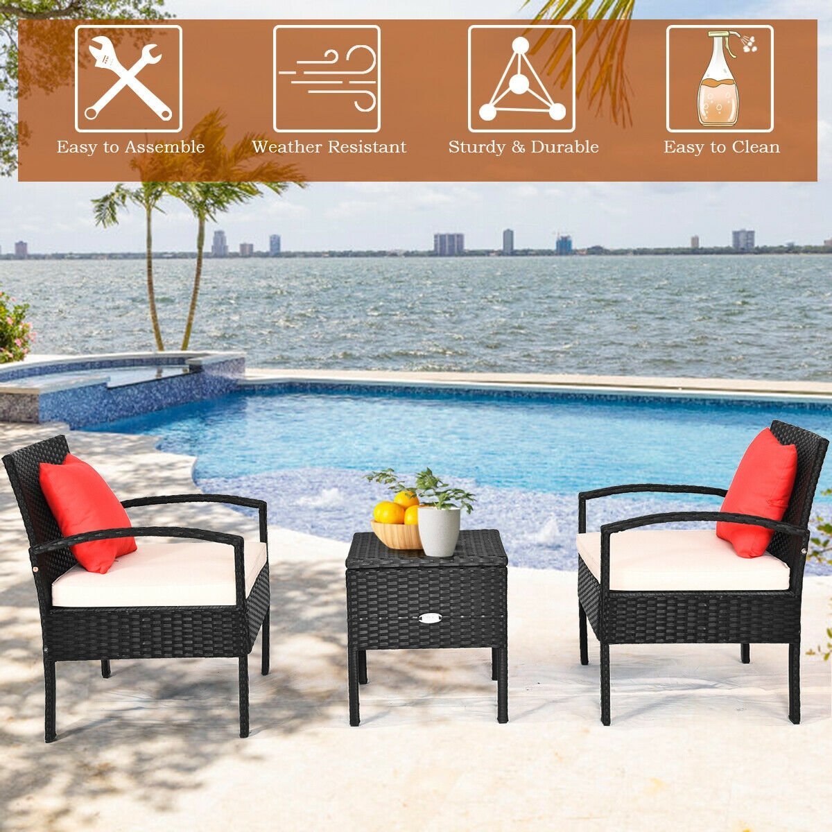 3 Piece PE Rattan Wicker Sofa Set with Washable and Removable Cushion for Patio, White Patio Conversation Sets   at Gallery Canada