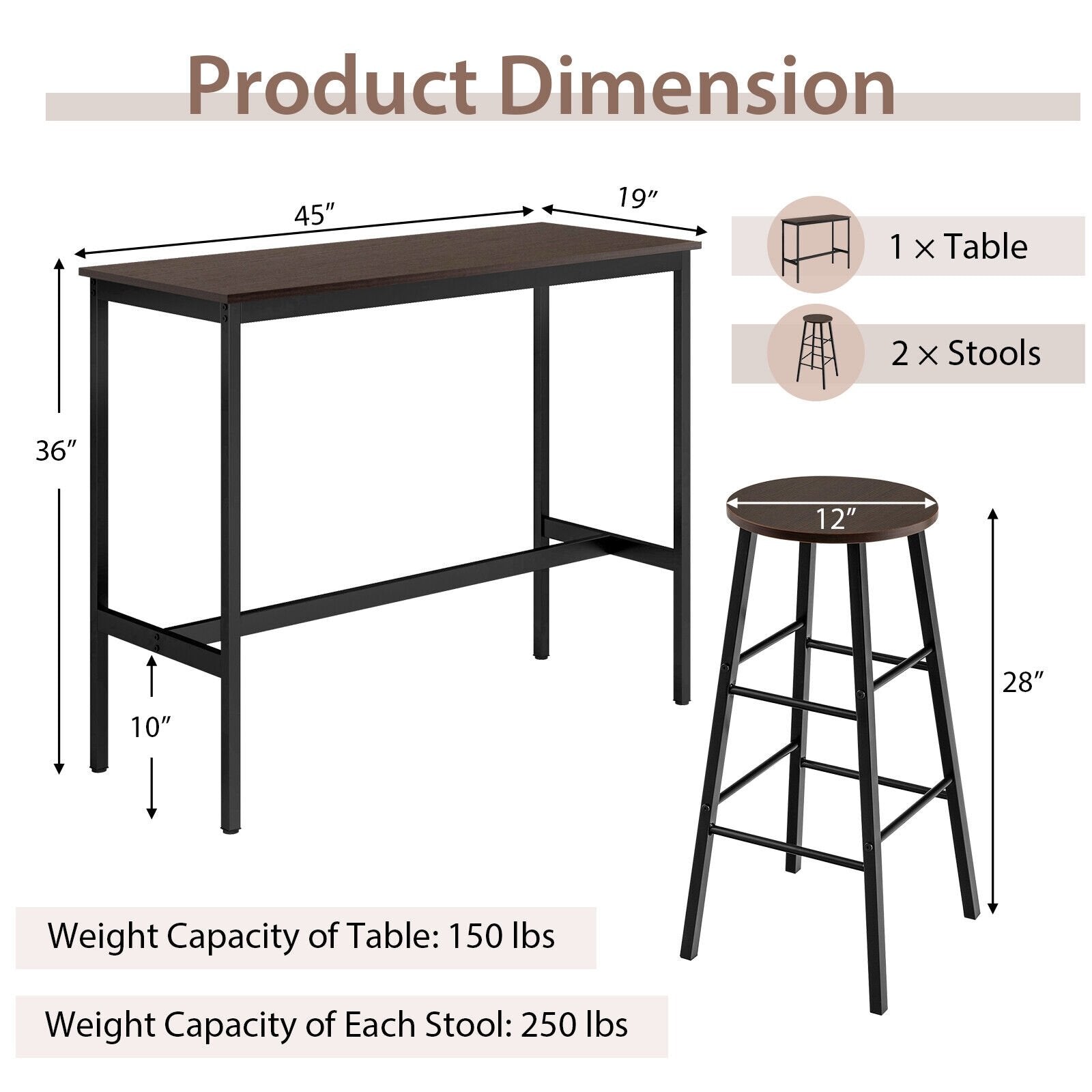 3 Piece Pub Table and Stools Kitchen Dining Set, Brown Dining Room Sets   at Gallery Canada