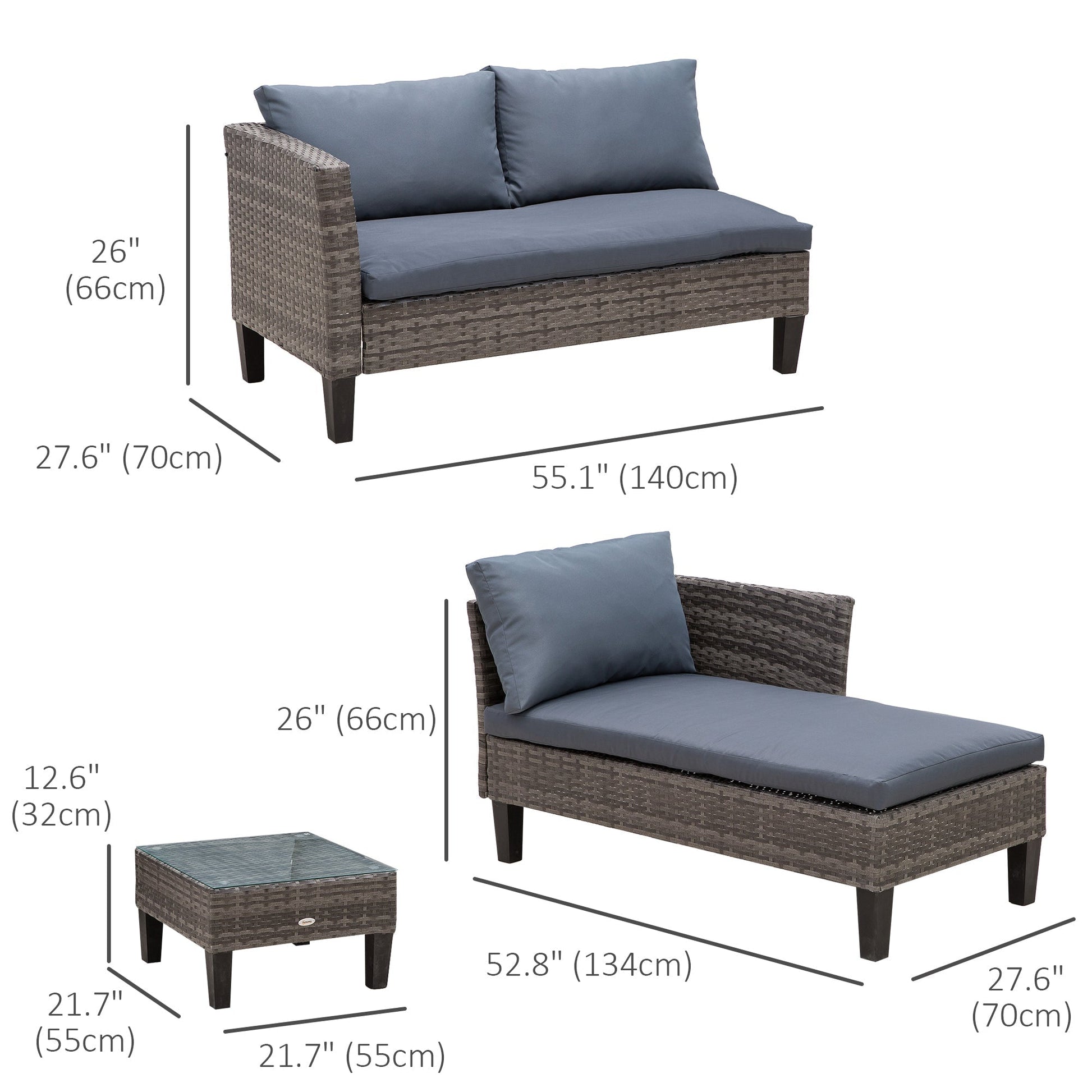 3 Piece Wicker Patio Furniture Set Outdoor Sofa Set with Glass Tabletop, Cushions Metal Frame for Balcony, Patio, Grey Patio Furniture Sets   at Gallery Canada