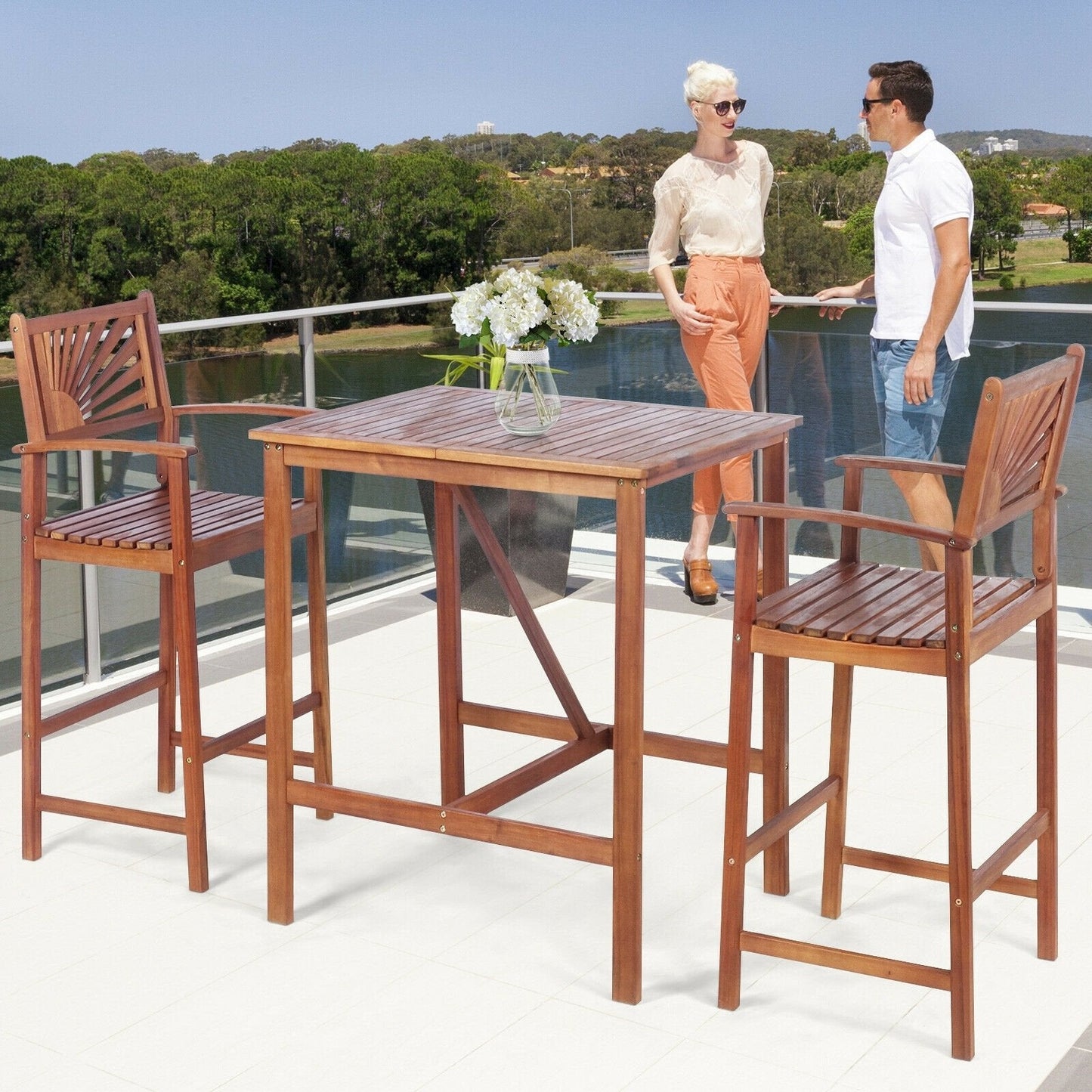 3 Pieces Acacia Wood Patio Bar Set with Sunflower Patterned Backrest, Natural Patio Bar Furniture   at Gallery Canada