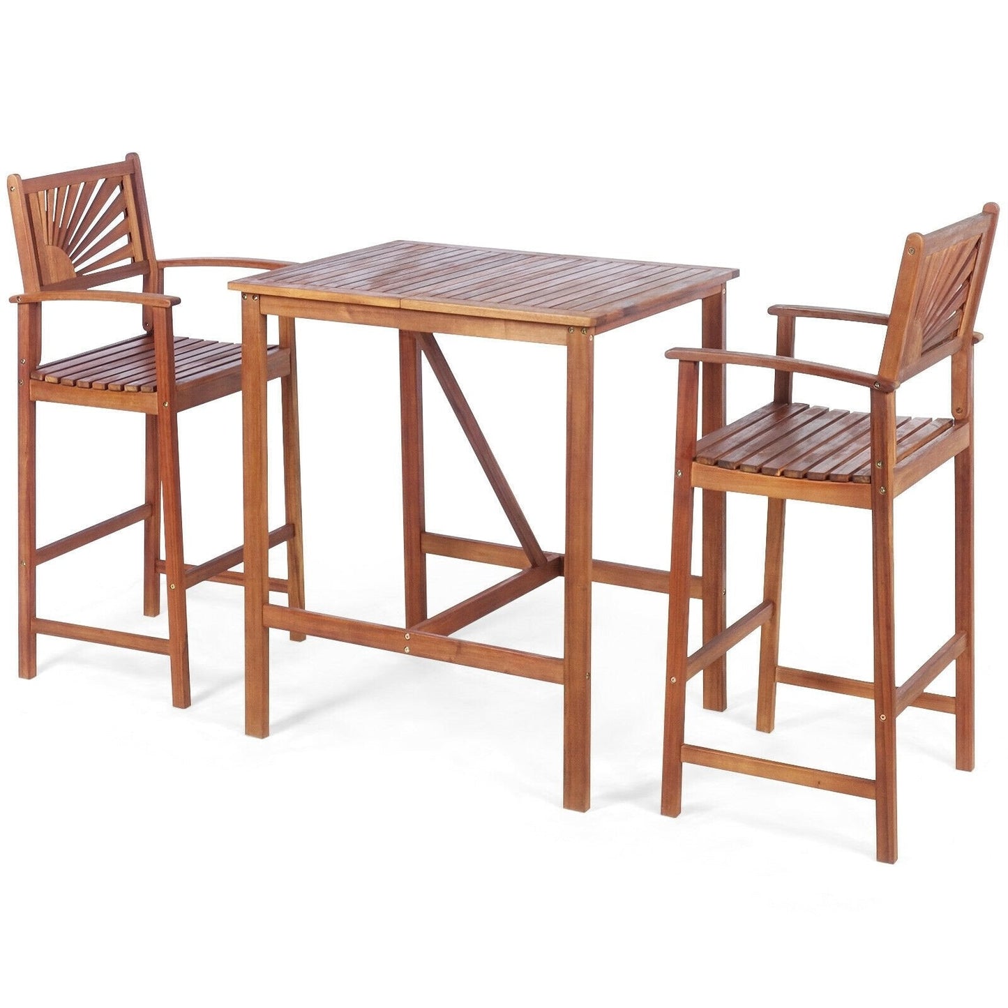 3 Pieces Acacia Wood Patio Bar Set with Sunflower Patterned Backrest, Natural Patio Bar Furniture   at Gallery Canada