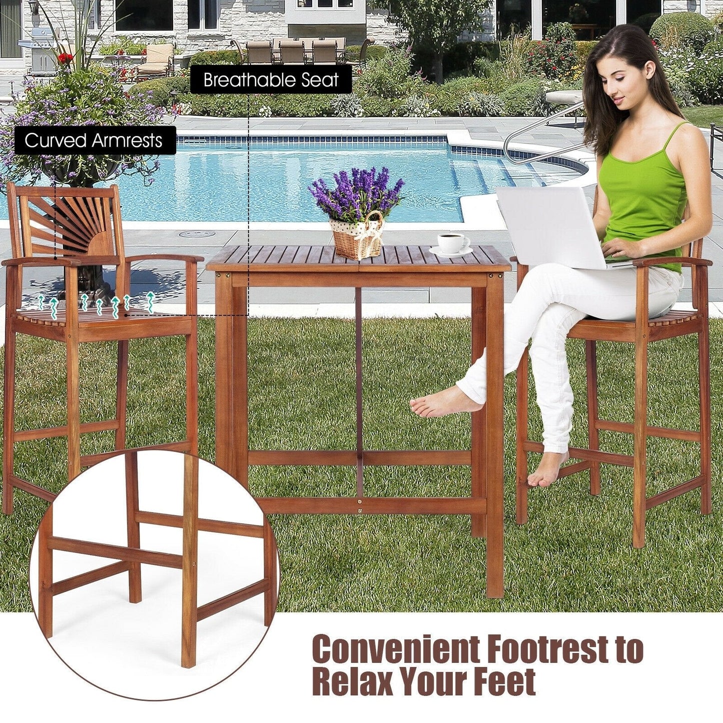 3 Pieces Acacia Wood Patio Bar Set with Sunflower Patterned Backrest, Natural Patio Bar Furniture   at Gallery Canada