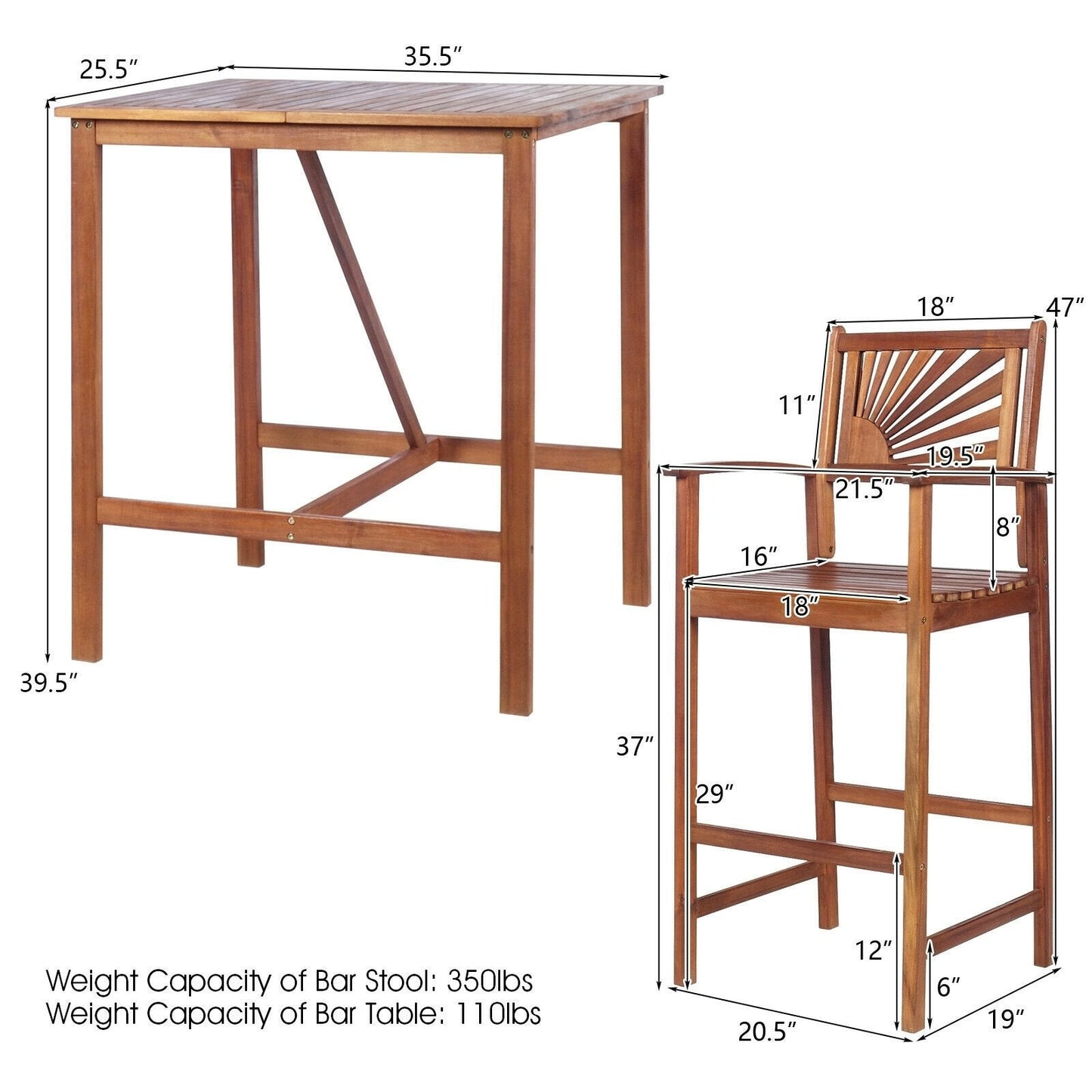 3 Pieces Acacia Wood Patio Bar Set with Sunflower Patterned Backrest, Natural Patio Bar Furniture   at Gallery Canada