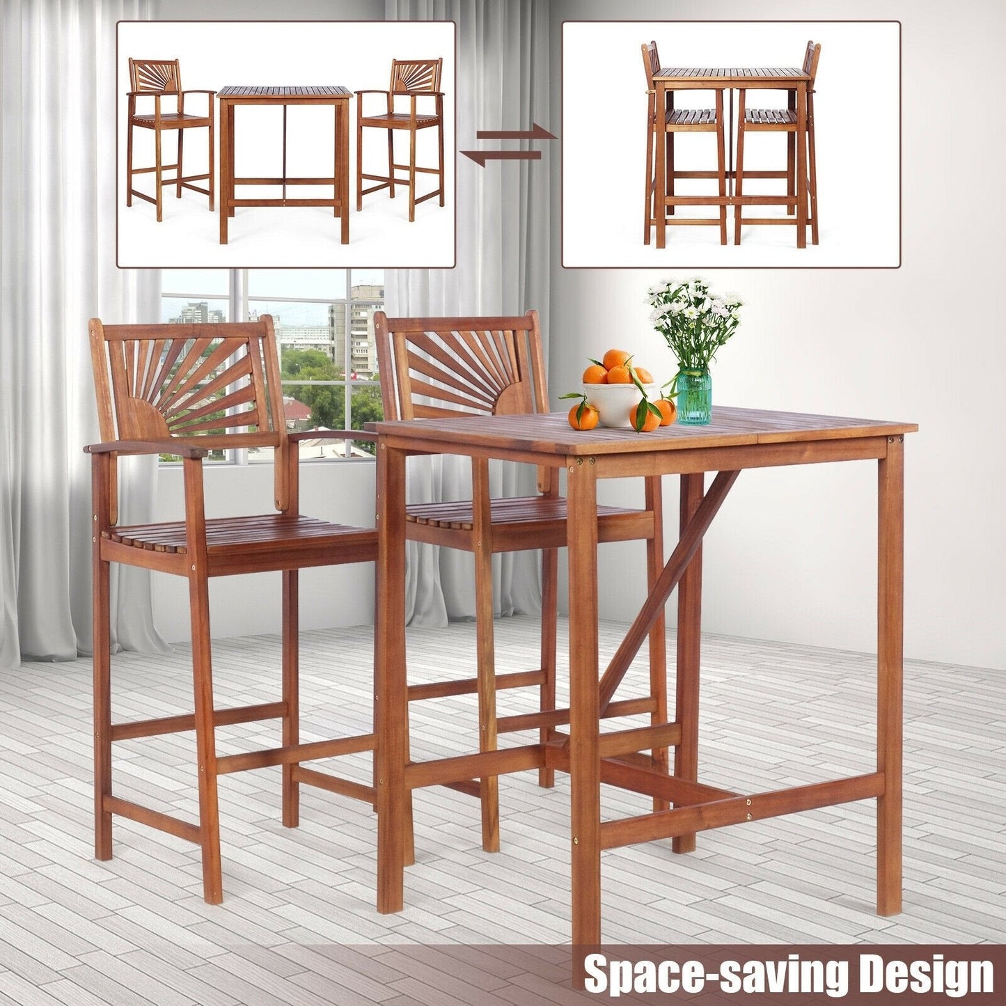 3 Pieces Acacia Wood Patio Bar Set with Sunflower Patterned Backrest, Natural Patio Bar Furniture   at Gallery Canada