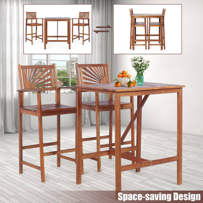 3 Pieces Acacia Wood Patio Bar Set with Sunflower Patterned Backrest, Natural Patio Bar Furniture   at Gallery Canada