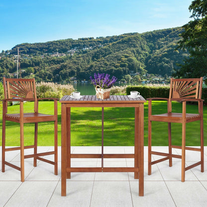 3 Pieces Acacia Wood Patio Bar Set with Sunflower Patterned Backrest, Natural Patio Bar Furniture   at Gallery Canada