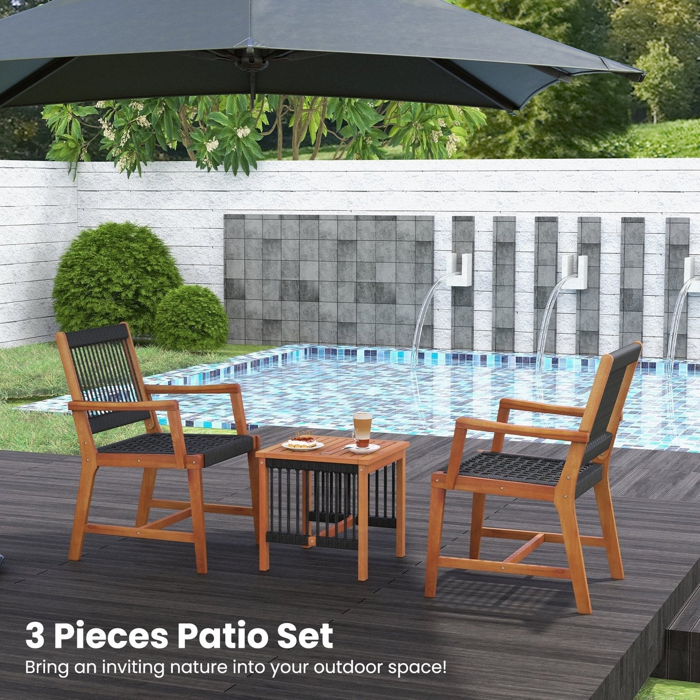 3 Pieces Acacia Wood Patio Furniture Set with Armchairs Coffee Table, Multicolor Patio Conversation Sets   at Gallery Canada