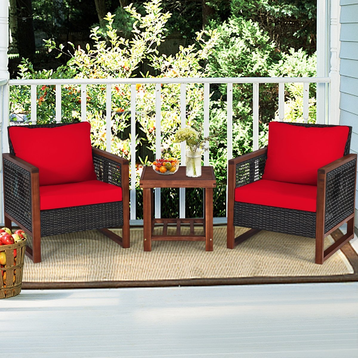 3 Pieces Acacia Wood Patio Furniture Set with Coffee Table, Red Patio Conversation Sets   at Gallery Canada