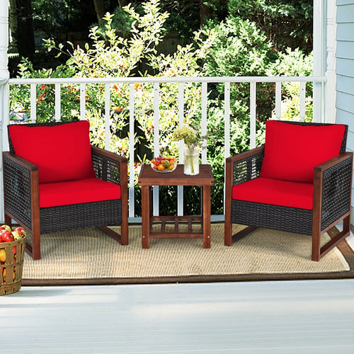 3 Pieces Acacia Wood Patio Furniture Set with Coffee Table, Red