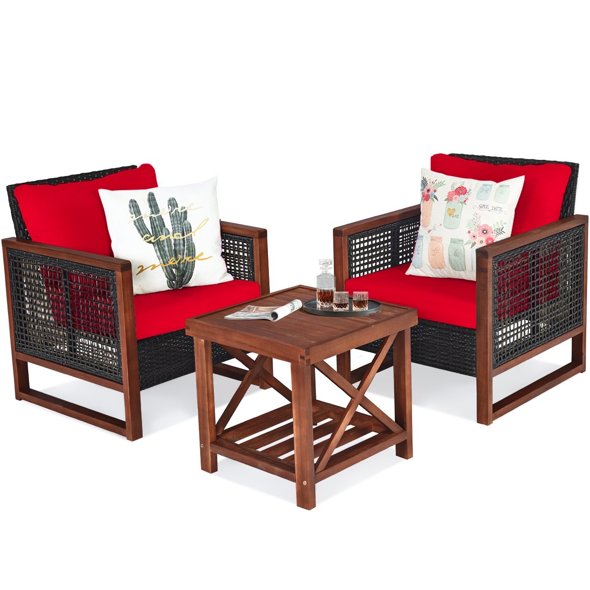 3 Pieces Acacia Wood Patio Furniture Set with Coffee Table, Red Patio Conversation Sets   at Gallery Canada