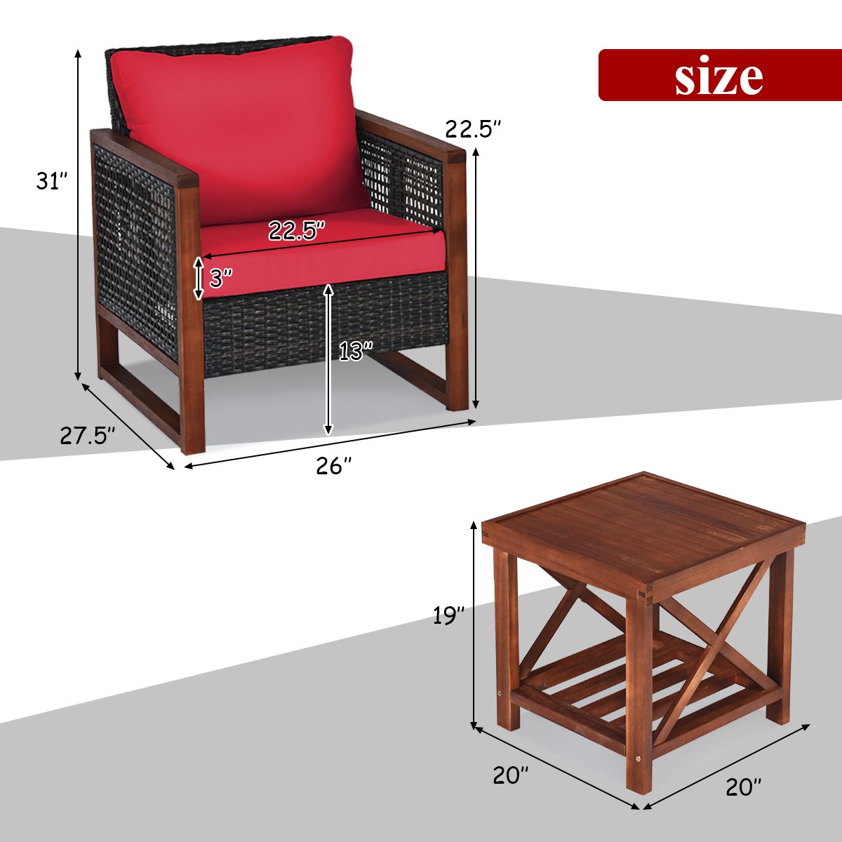 3 Pieces Acacia Wood Patio Furniture Set with Coffee Table, Red Patio Conversation Sets   at Gallery Canada