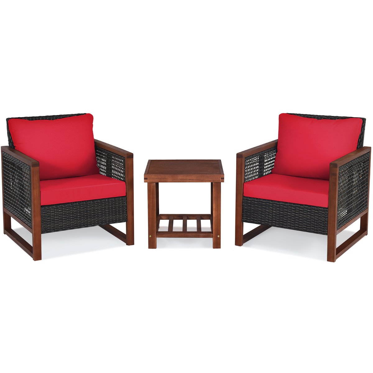 3 Pieces Acacia Wood Patio Furniture Set with Coffee Table, Red Patio Conversation Sets   at Gallery Canada