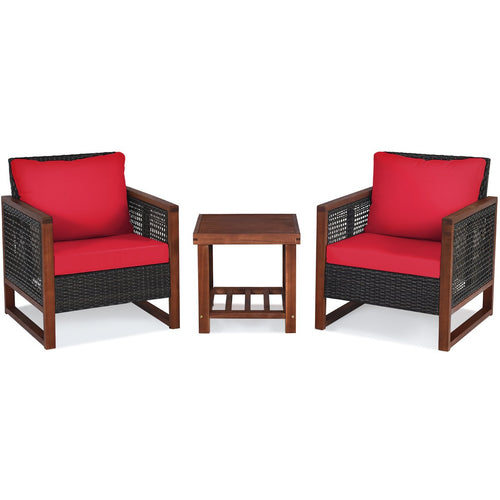 3 Pieces Acacia Wood Patio Furniture Set with Coffee Table, Red